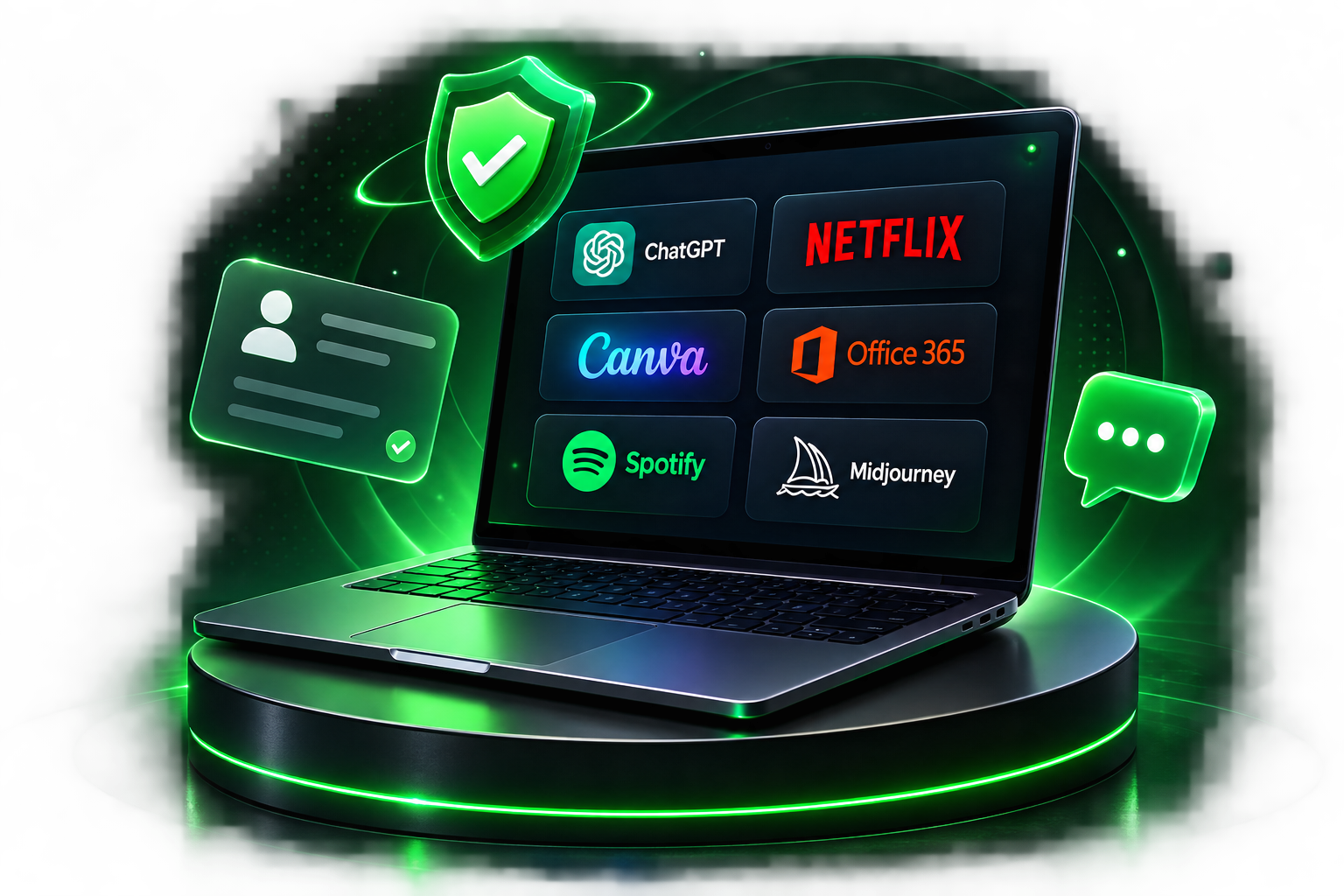 Laptop showing access to ChatGPT, Netflix, Canva, Office 365, Spotify and Midjourney